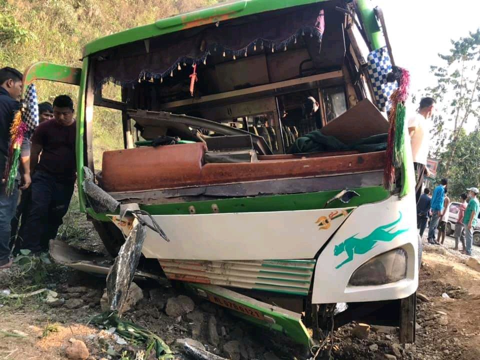 The Dimapur bound bus which met with an accident in Longleng on March 15. (Photo Courtesy: Social Media)